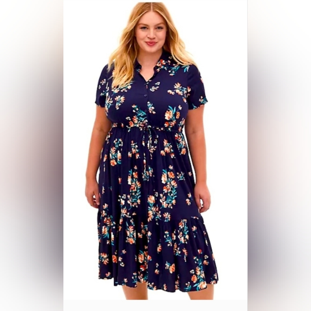 Torrid NWT 1X Plus Navy Floral Midi Challis Button Front Shirt Dress Pockets